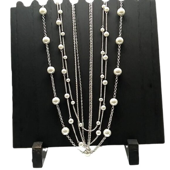 Vintage Style Multi-Strand Faux Pearl & Chain Link Necklace NWOT - Picture 1 of 15